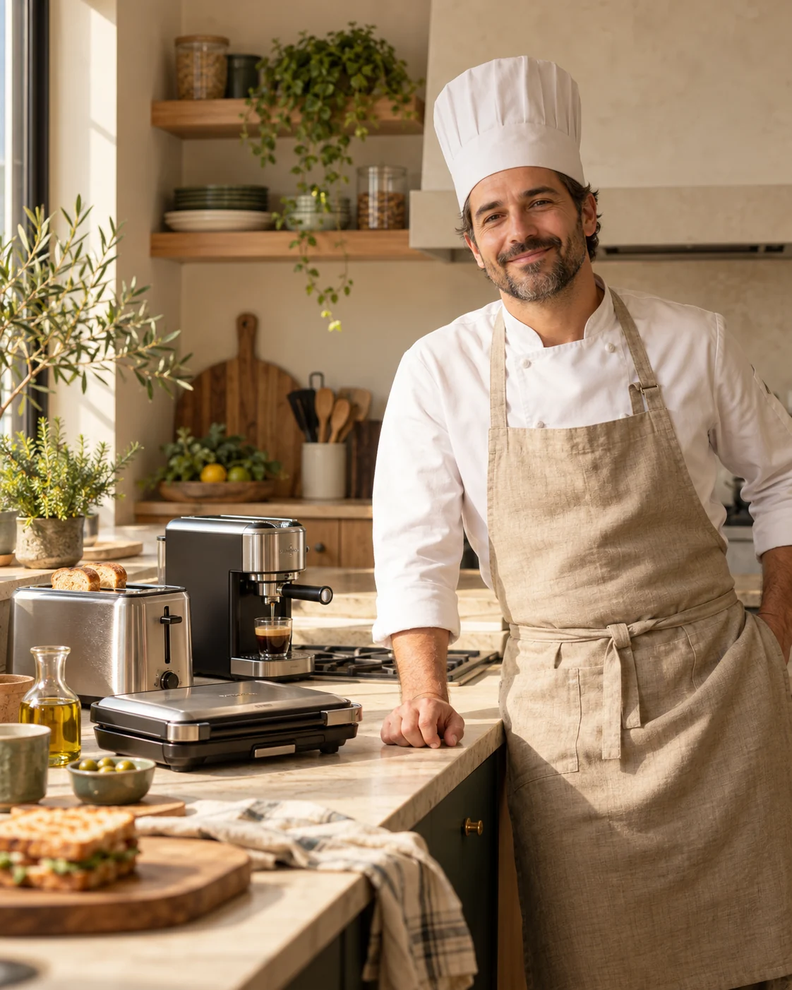 Cocinero en una cocina acogedora junto a una tostadora, una cafetera y una sandwichera