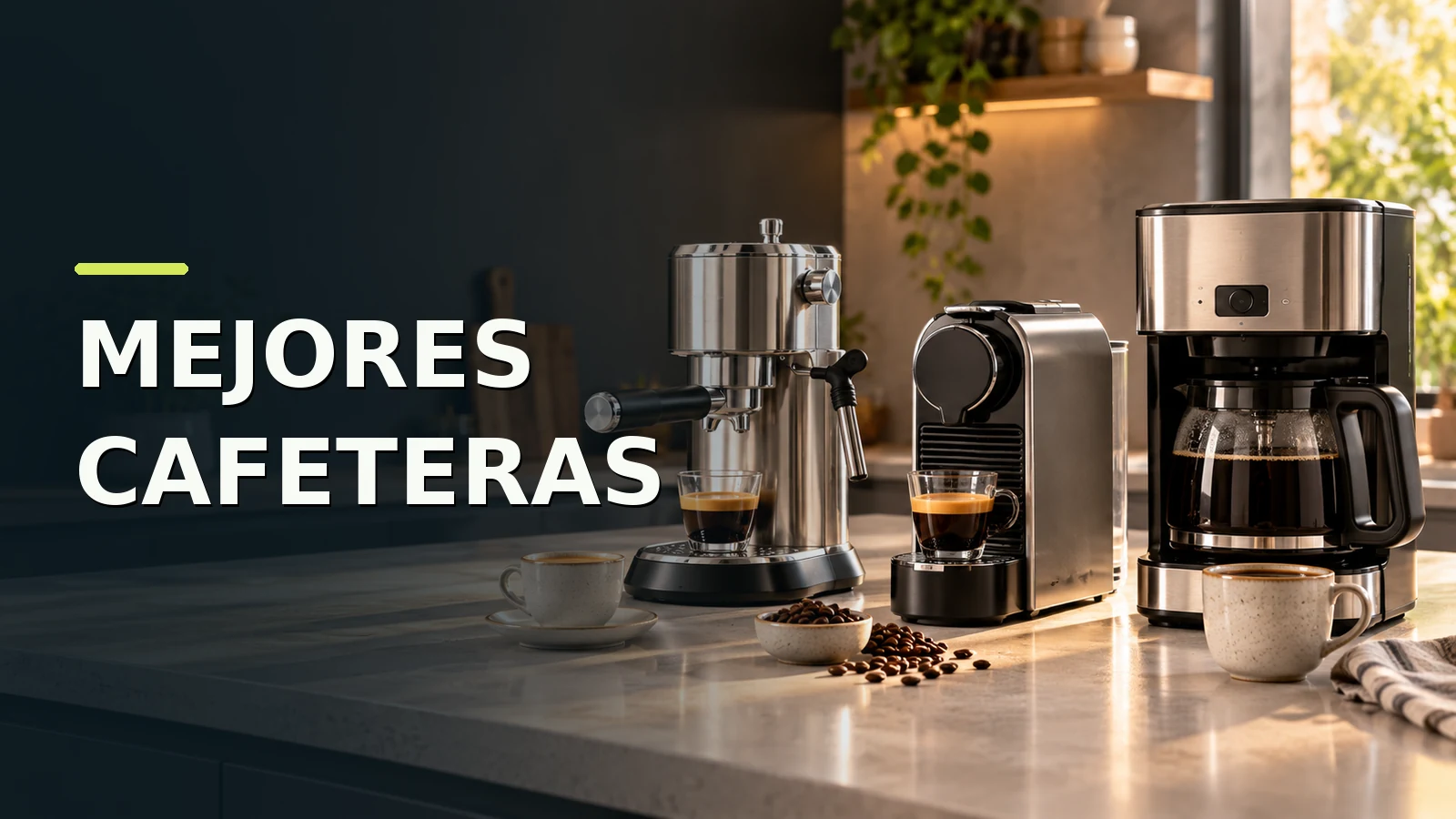 Tres cafeteras de distintos tipos sobre una encimera de cocina