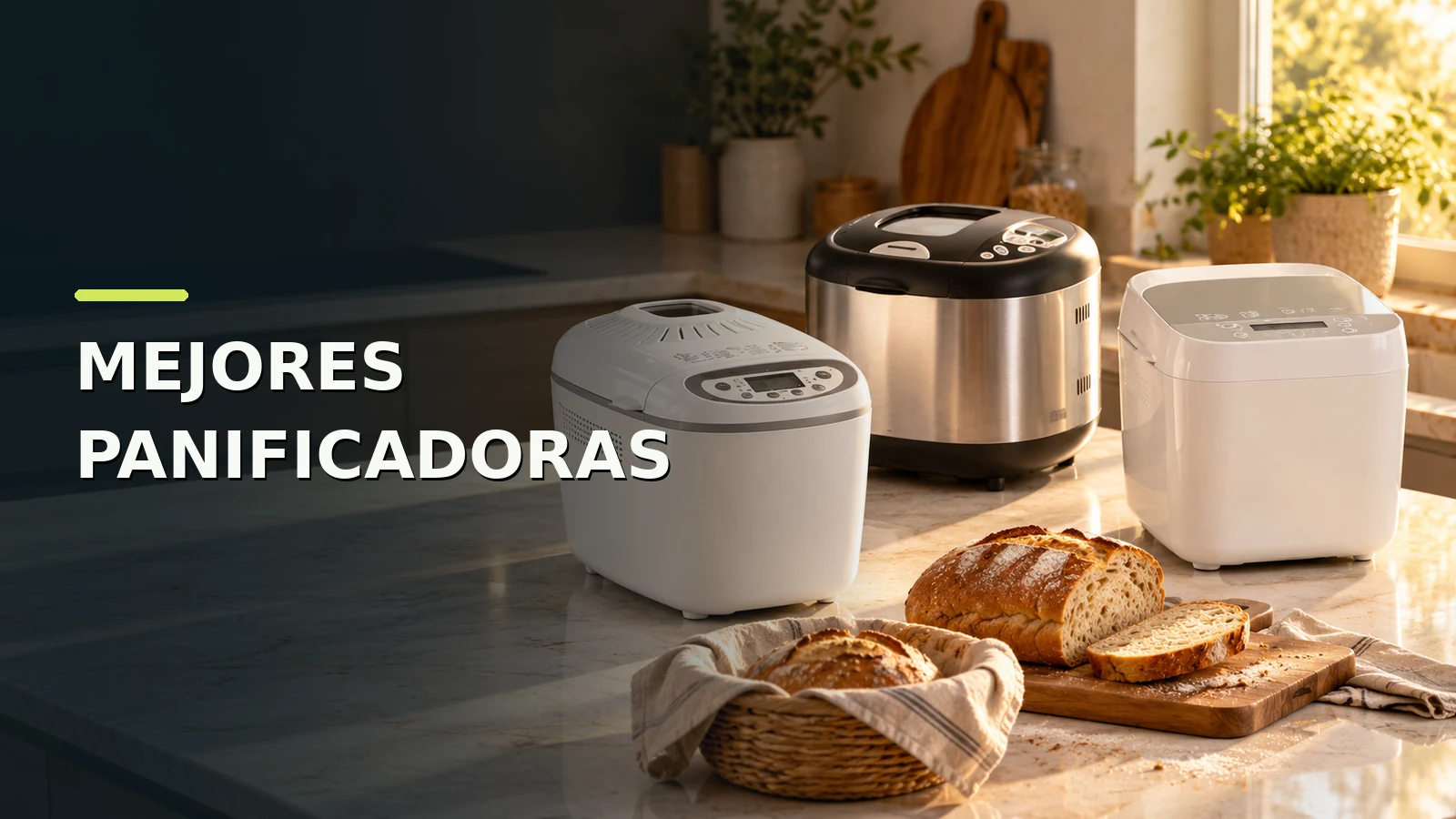 Tres panificadoras automáticas sobre una encimera de cocina