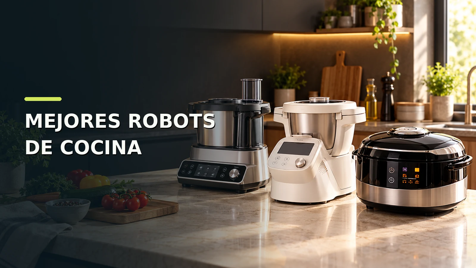 Tres robots de cocina sobre una encimera de cocina