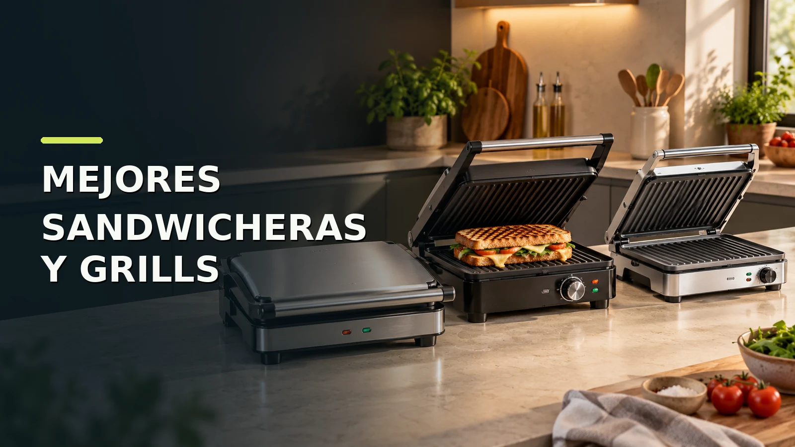 Tres sandwicheras y grills sobre una encimera de cocina